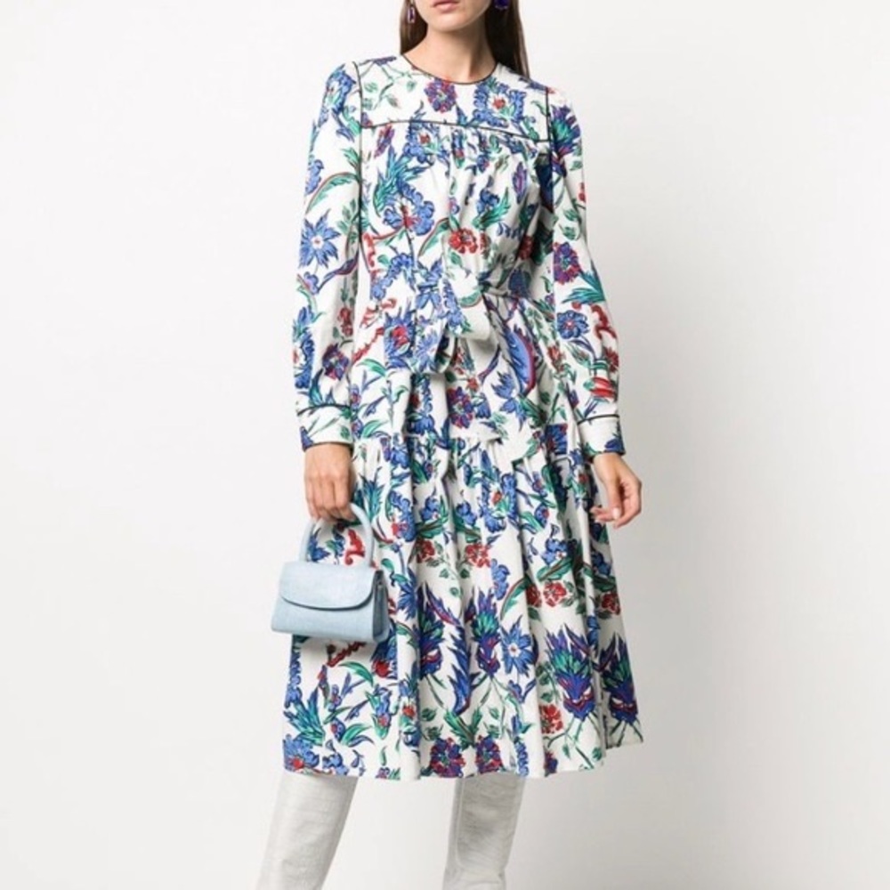 Tory Burch Quilted Yoke Midi Dress Porcelain Thistle